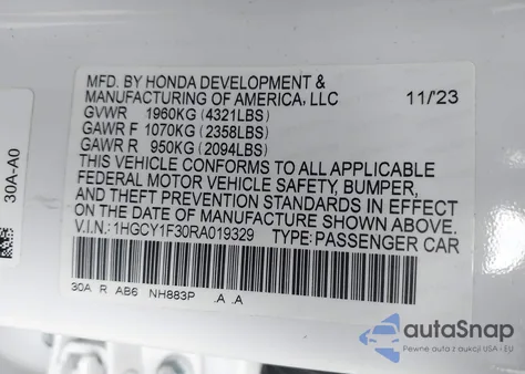 2024 Honda Accord Ex from USA, damaged, VIN 1HGCY1F30RA019329
